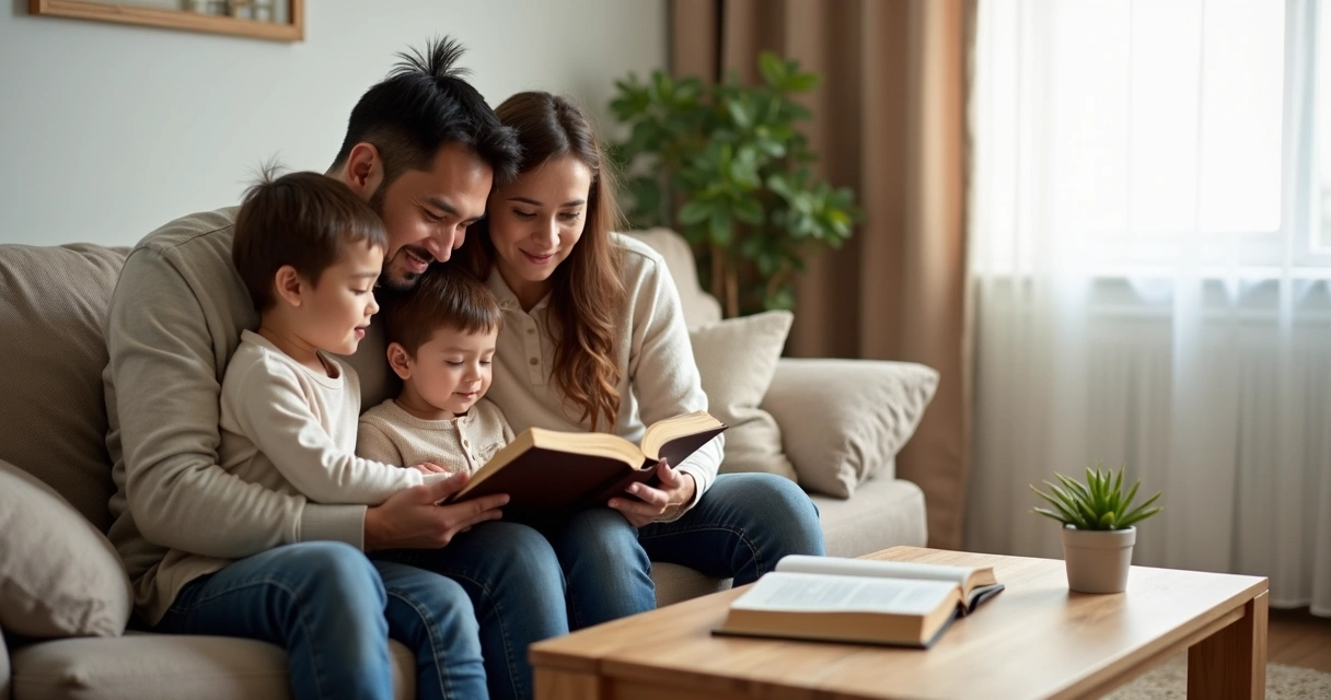 Família reunida lendo Bíblia aberta, sentados no sofá.