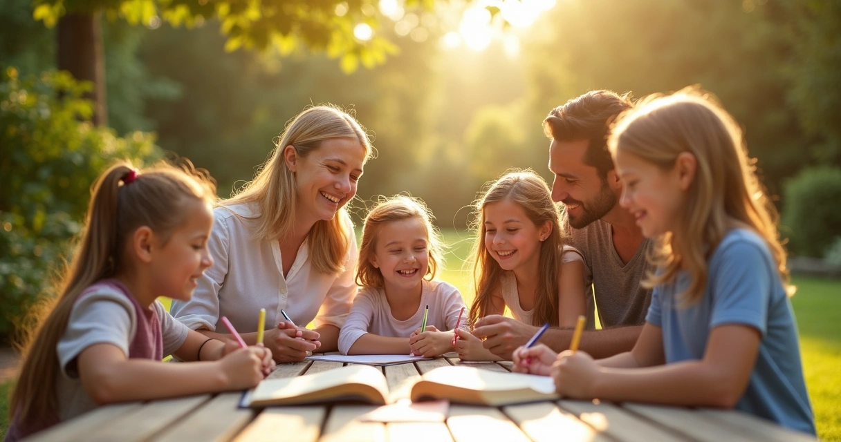 Família reunida ao ar livre lendo a Bíblia 