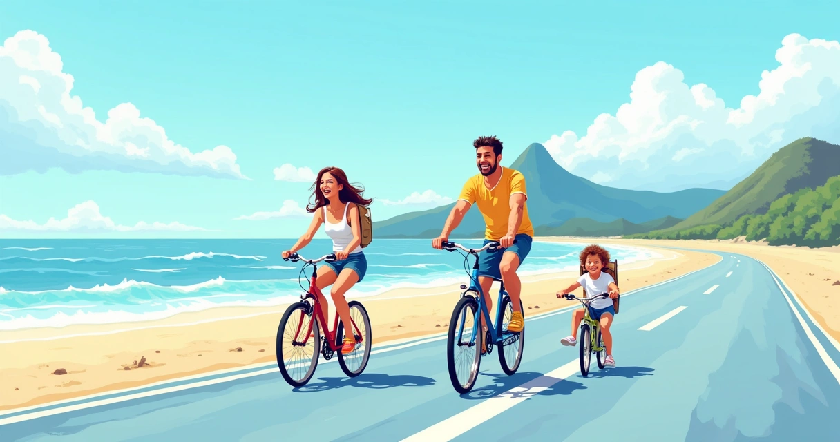 Família andando de bicicleta no calçadão de Copacabana 