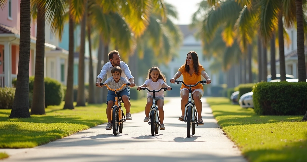 Família pedalando de bicicleta em área arborizada de Orlando 