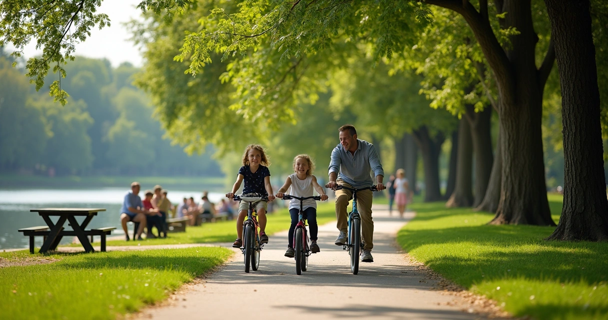 Família andando de bicicleta pelo Riverside Park 