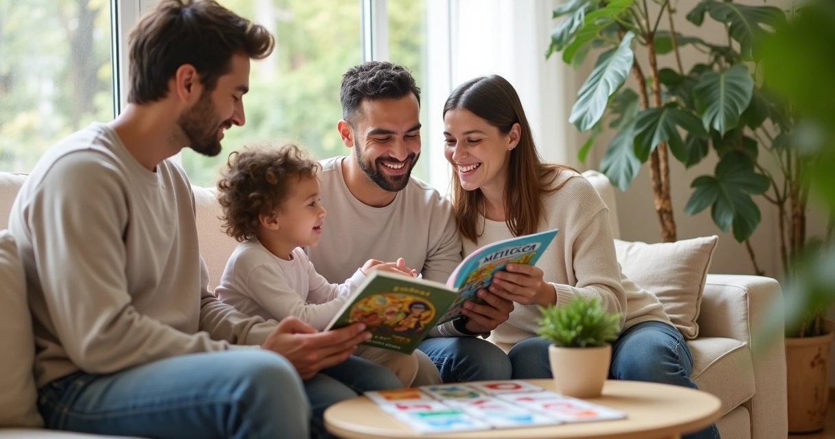 Família conversando com criança em ambiente bilíngue