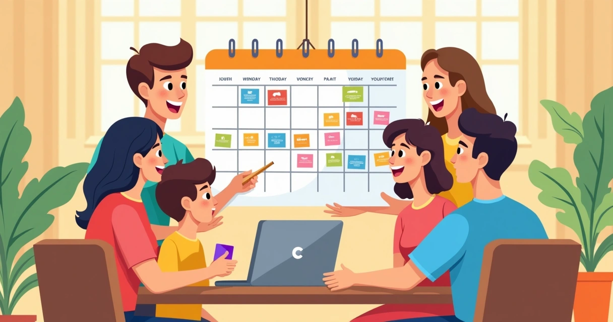 Família organiza tarefas e horários juntos na mesa de casa 