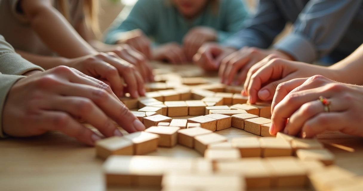 Mãos de várias pessoas formando blocos interligados sobre uma mesa de madeira clara.
