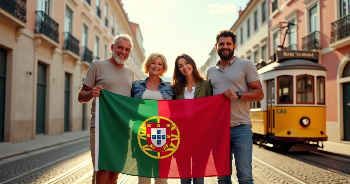 Família brasileira segurando bandeira de Portugal em frente a prédio histórico em Lisboa 