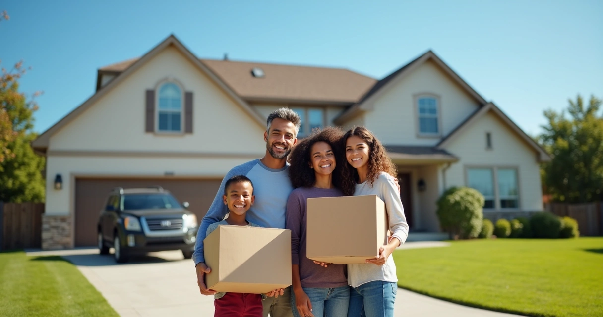 Família brasileira sorrindo em frente a casa típica americana