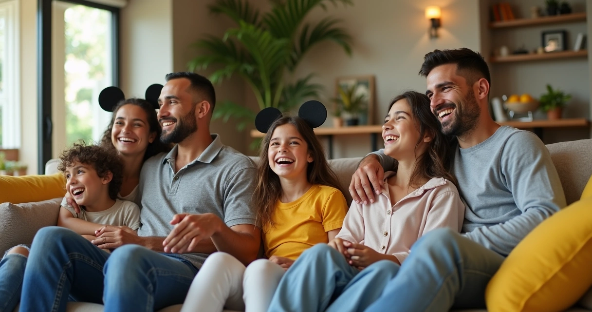 Família brasileira sorridente curtindo na sala de casa de temporada