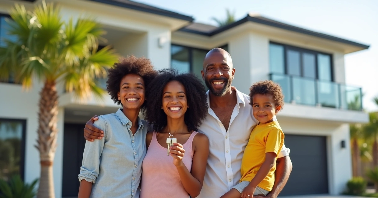 Família brasileira sorrindo com chaves de casa nova na Flórida 