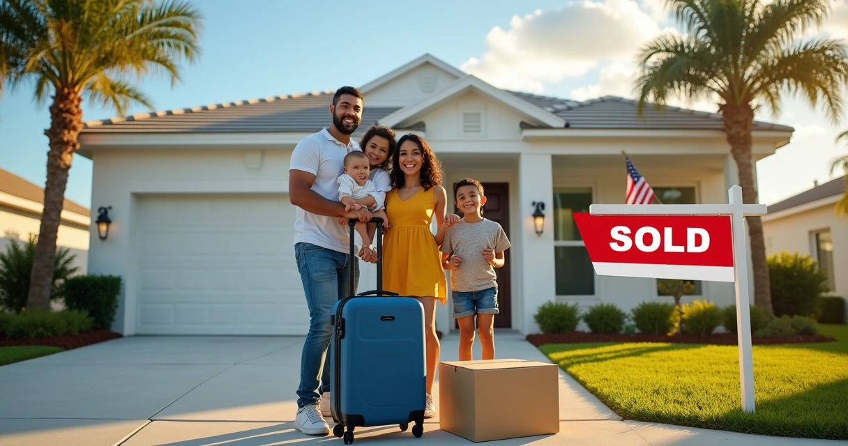 Família brasileira em frente a casa nova na Flórida, virada para câmera, e a esposa mostrando chave da casa Nova.