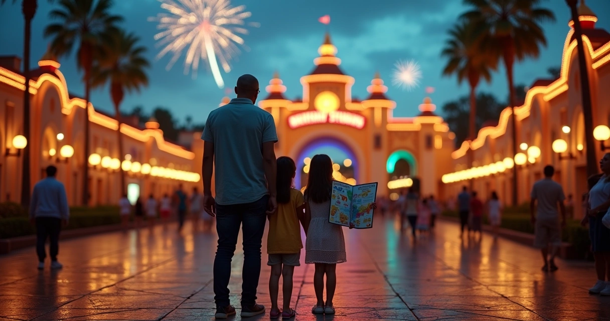 Família brasileira admira fachada iluminada da Disney Hollywood Studios à noite 