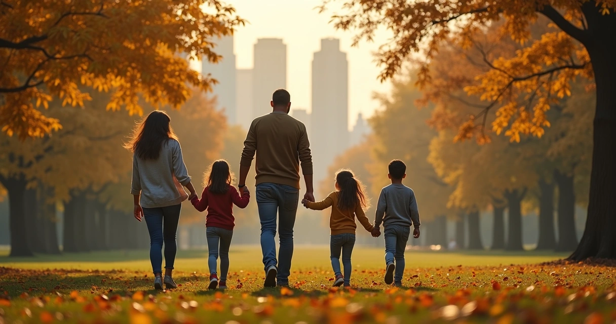 Família brasileira caminhando em parque nos EUA 