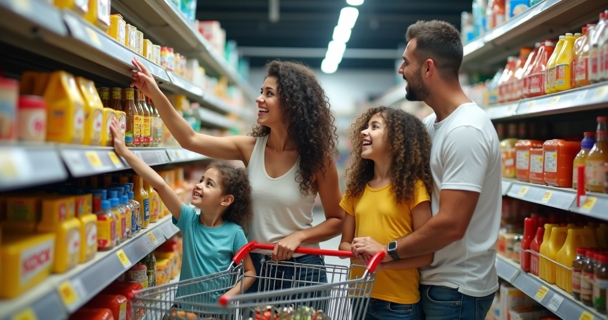 Família brasileira pegando produtos em promoção na gôndola 