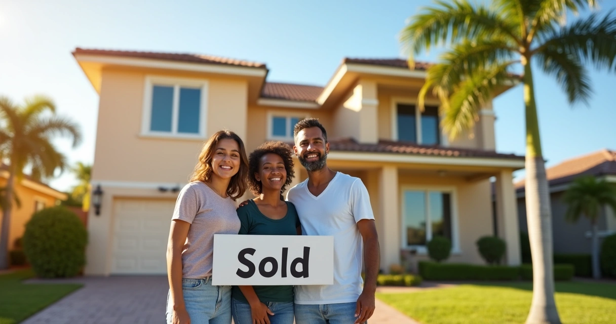 Família brasileira satisfeita em frente a casa na Flórida 