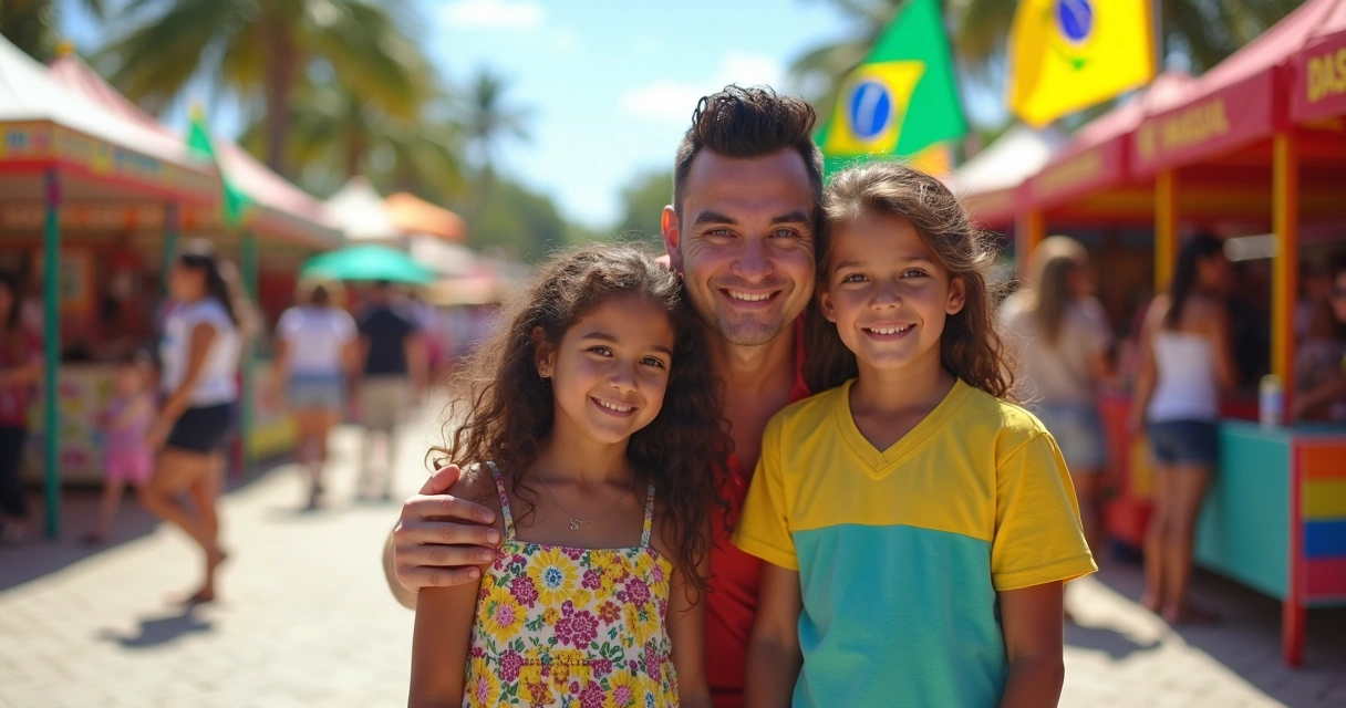 Família brasileira sorrindo em festival cultural ao ar livre na Flórida 
