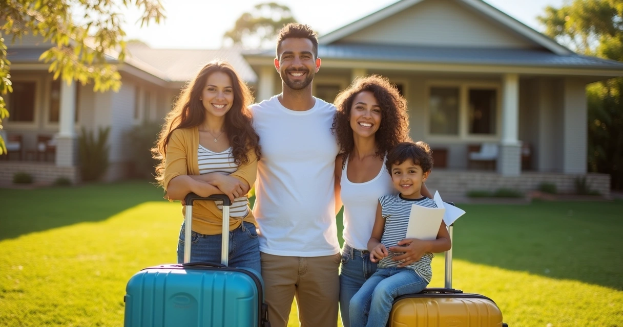 Família brasileira com malas e documentos em frente à casa na Austrália