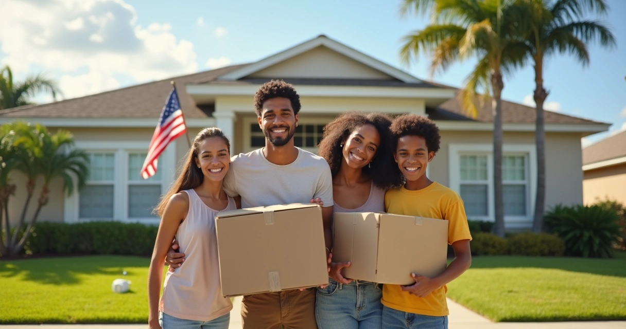Família brasileira chegando com caixas à nova casa em Orlando 