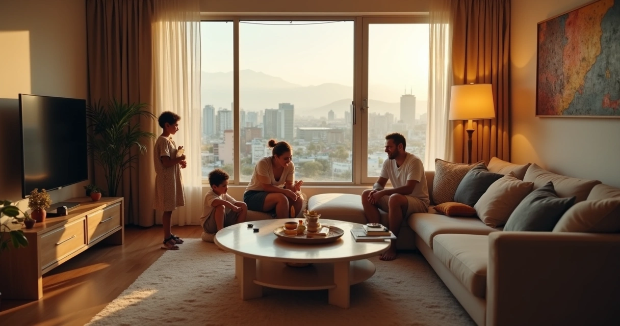 Família brasileira reunida em sala de apartamento em outro país