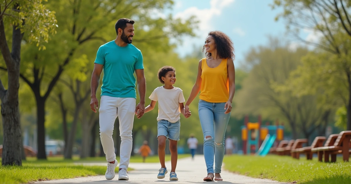 Família brasileira caminhando em parque de Orlando 