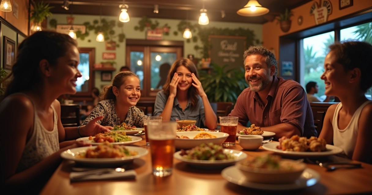 Família brasileira sorrindo em restaurante aconchegante em Orlando 