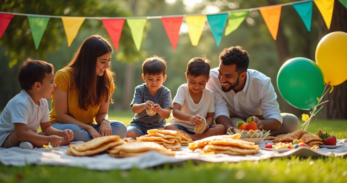 Família brasileira curtindo piquenique decorado em parque de Orlando 