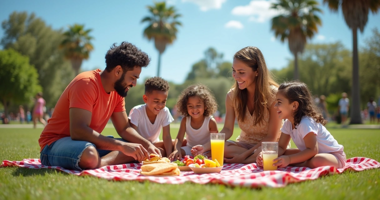 Família brasileira fazendo piquenique em parque de Orlando 