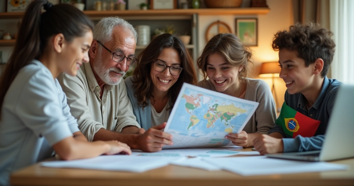 Família brasileira reunida planejando mudança para Portugal 