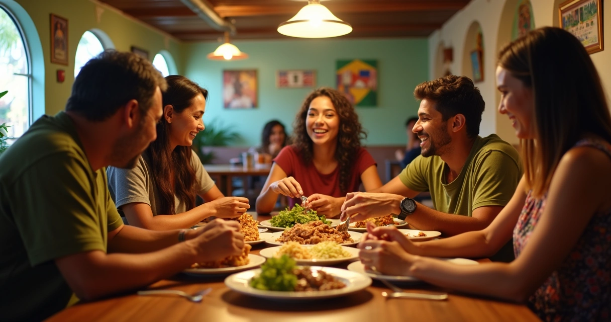 Família brasileira se servindo em restaurante típico em Orlando 