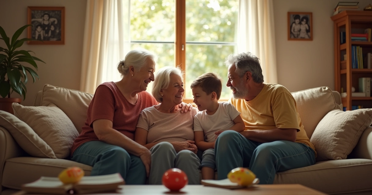 Família reunida em sala de estar, sentados juntos no sofá