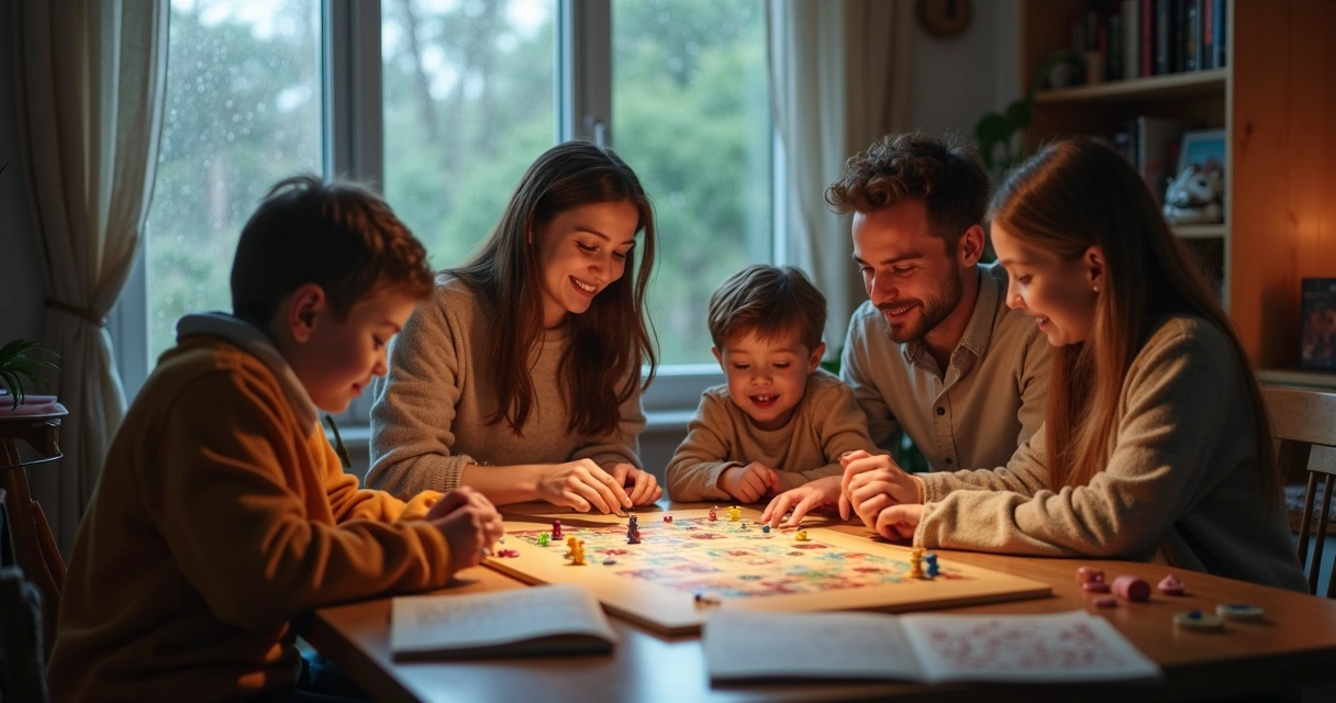 Família se divertindo jogando tabuleiro em casa 