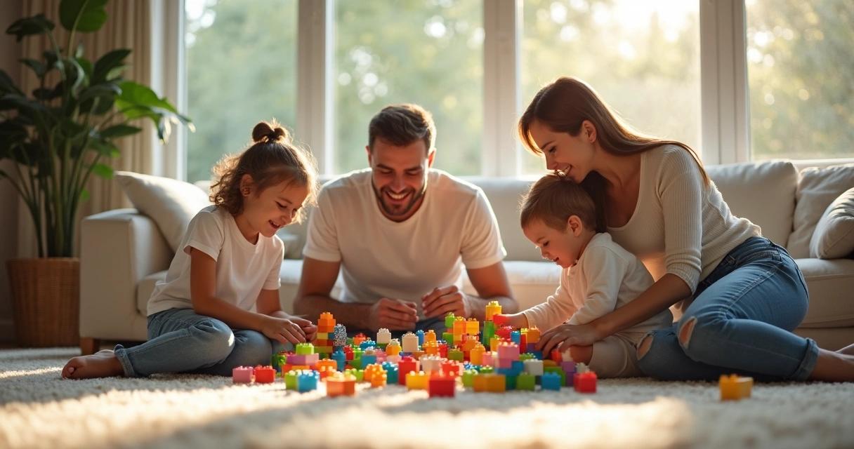 Família brincando com blocos de montar em uma sala iluminada 