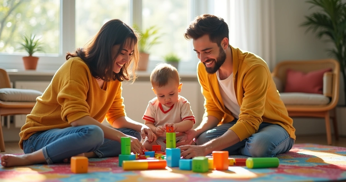 Família sentada no tapete brincando com criança e brinquedos coloridos 