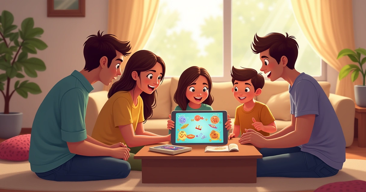 Família reunida jogando na sala de casa. 