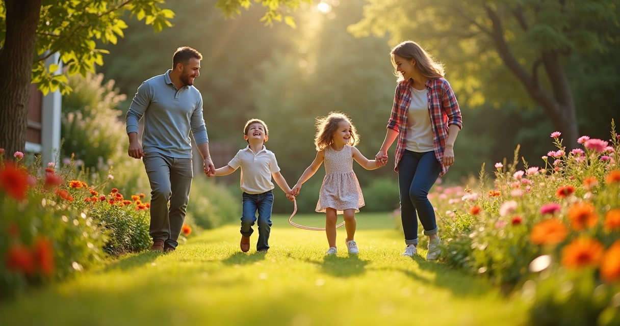 Família brincando no jardim entre flores e brinquedos