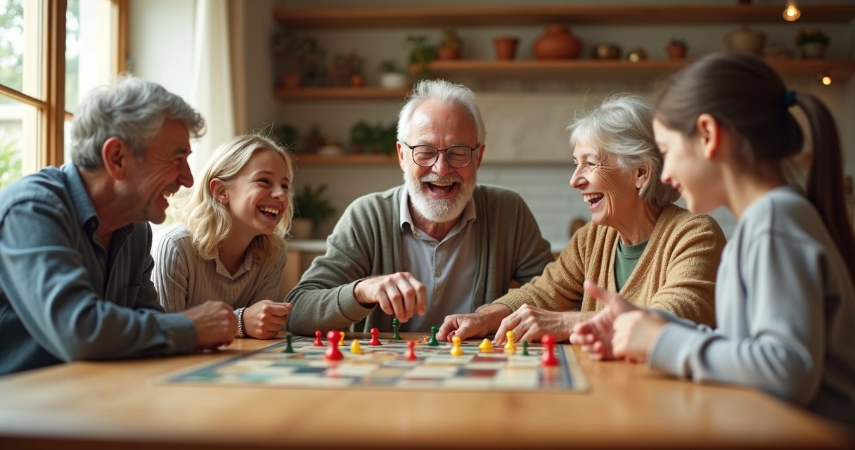 Família unida jogando jogo de tabuleiro com risos e alegria 