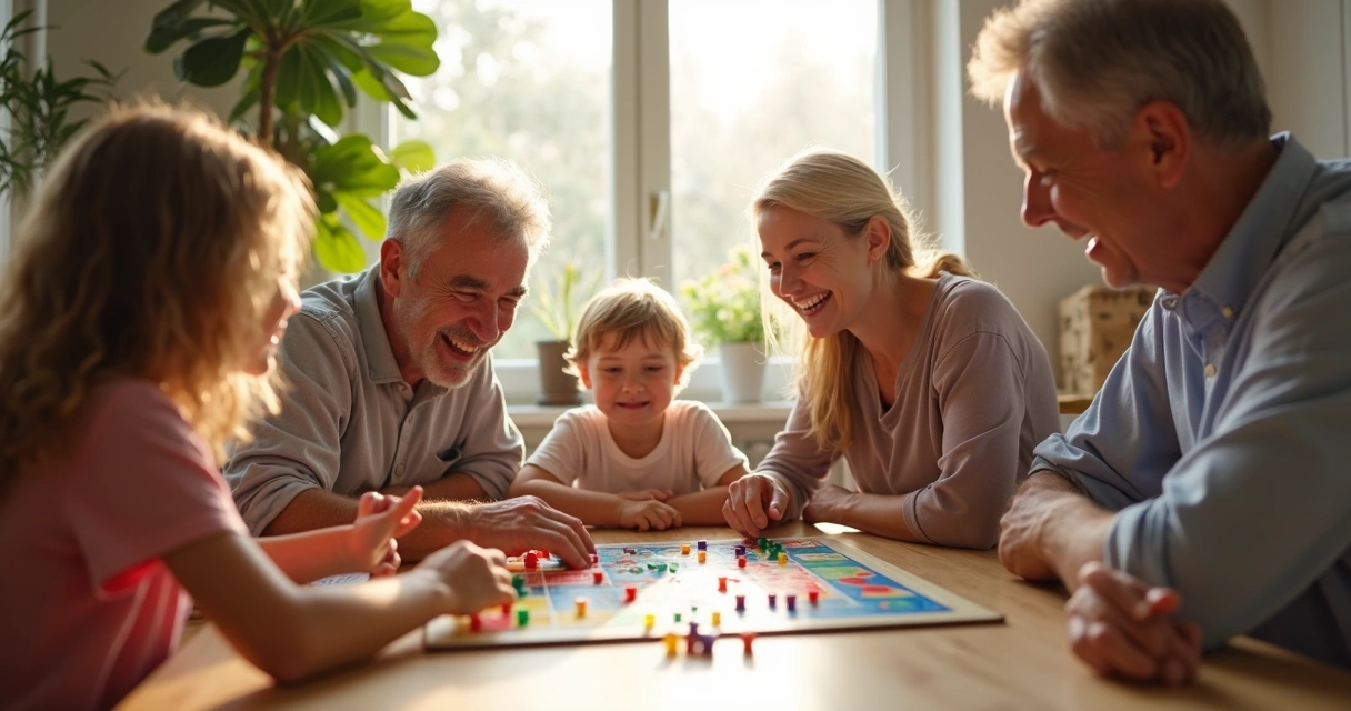 Família diversa jogando jogo de tabuleiro na mesa, sorrindo e colaborando 