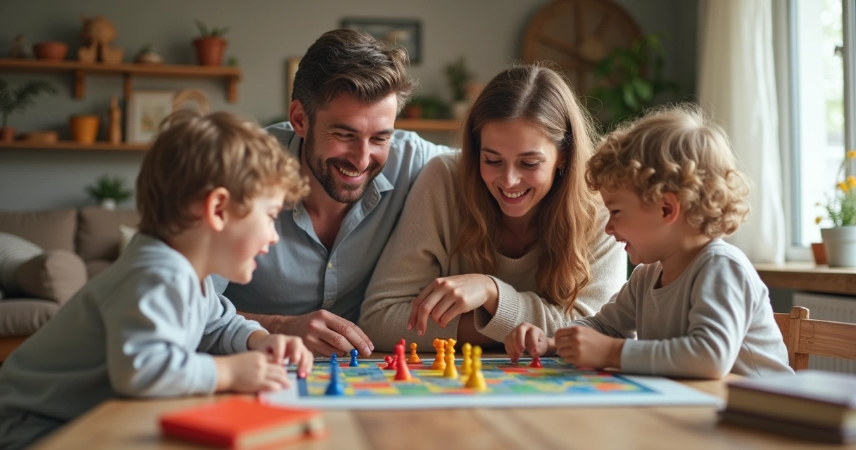 Família brincando de jogos de tabuleiro juntos na sala 