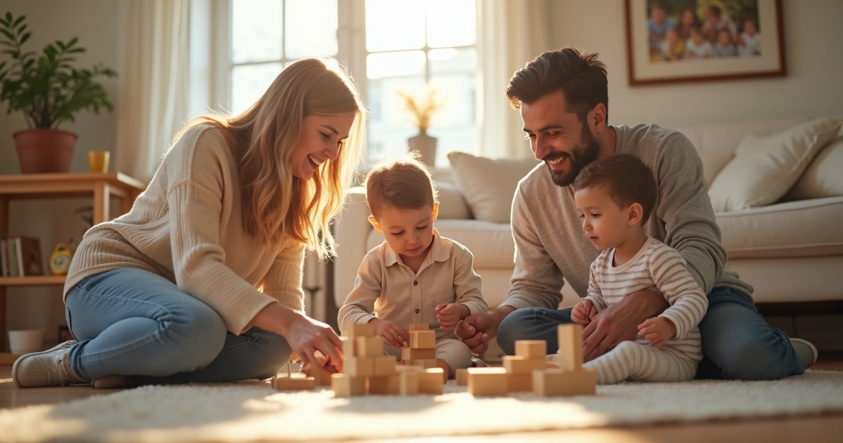 Família sentada brincando juntos no chão da sala 