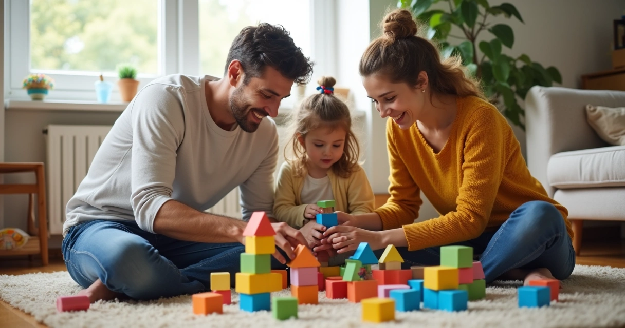 Família brincando de montar blocos com filha pequena 