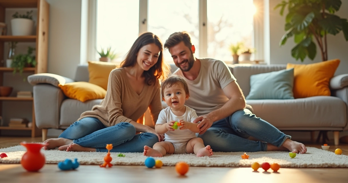 Família brincando com criança pequena na sala 