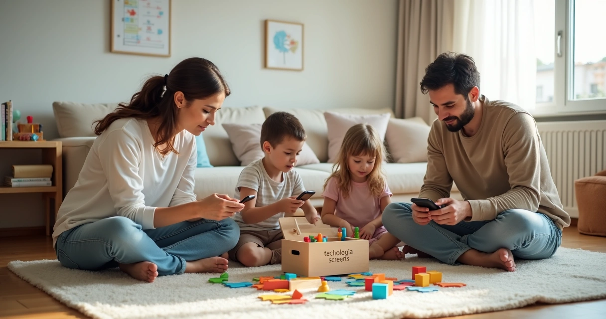 Pais sentados no chão guardando celulares em caixa enquanto crianças montam quebra-cabeça 