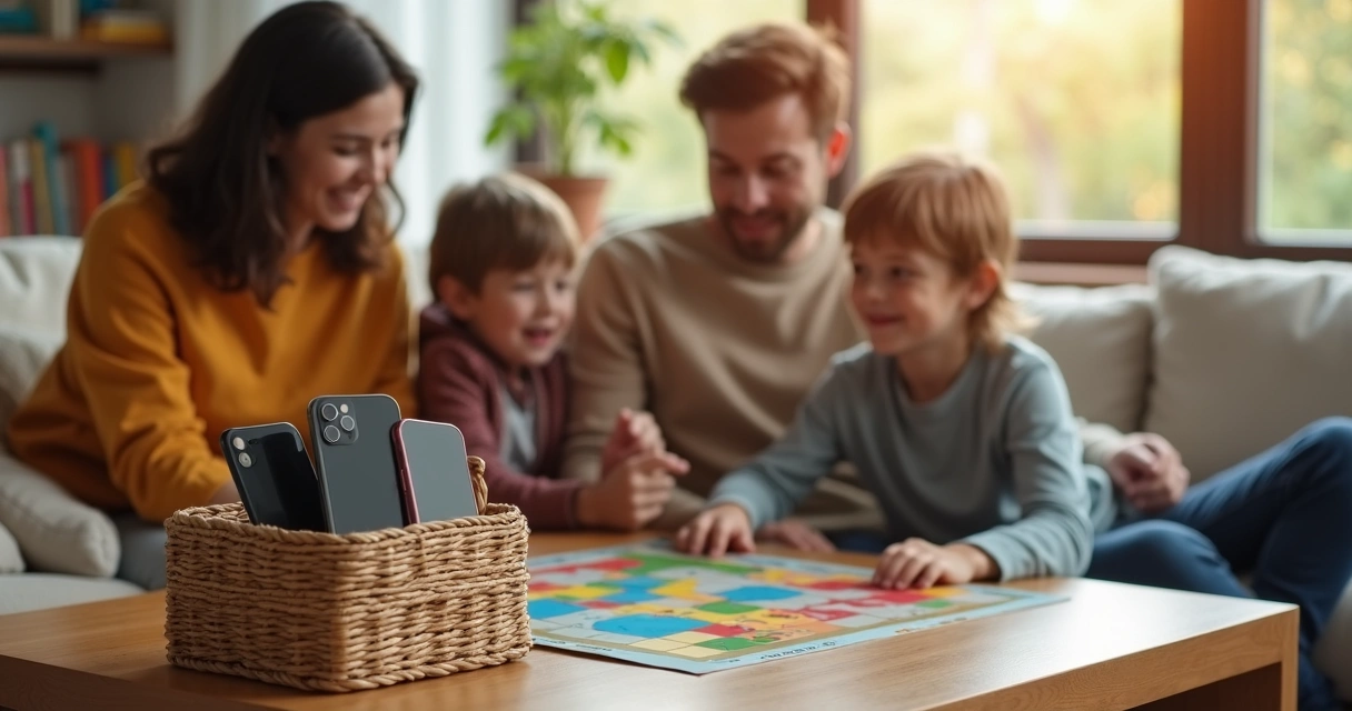 Família brincando de jogo de tabuleiro na sala enquanto celular fica guardado em uma caixa 