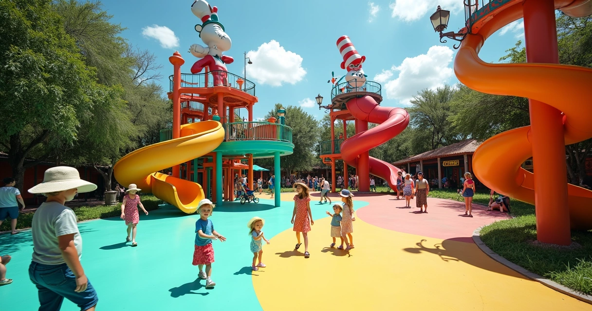 Família brincando na área Seuss Landing em parque temático 