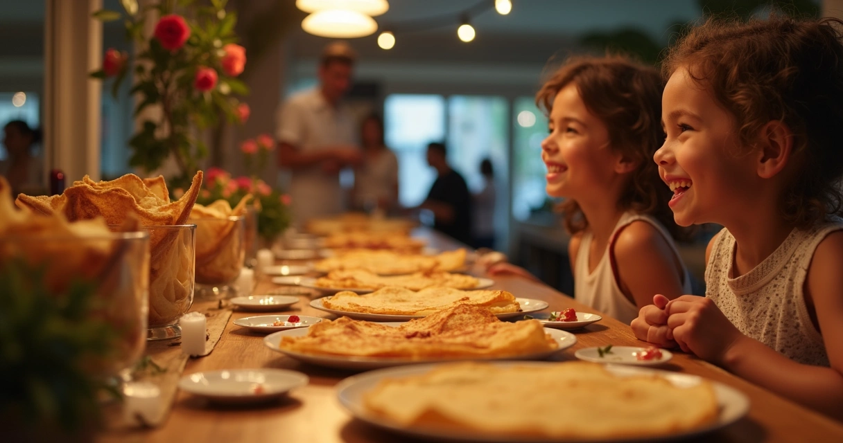 Família brasileira feliz na frente de buffet de crepes 