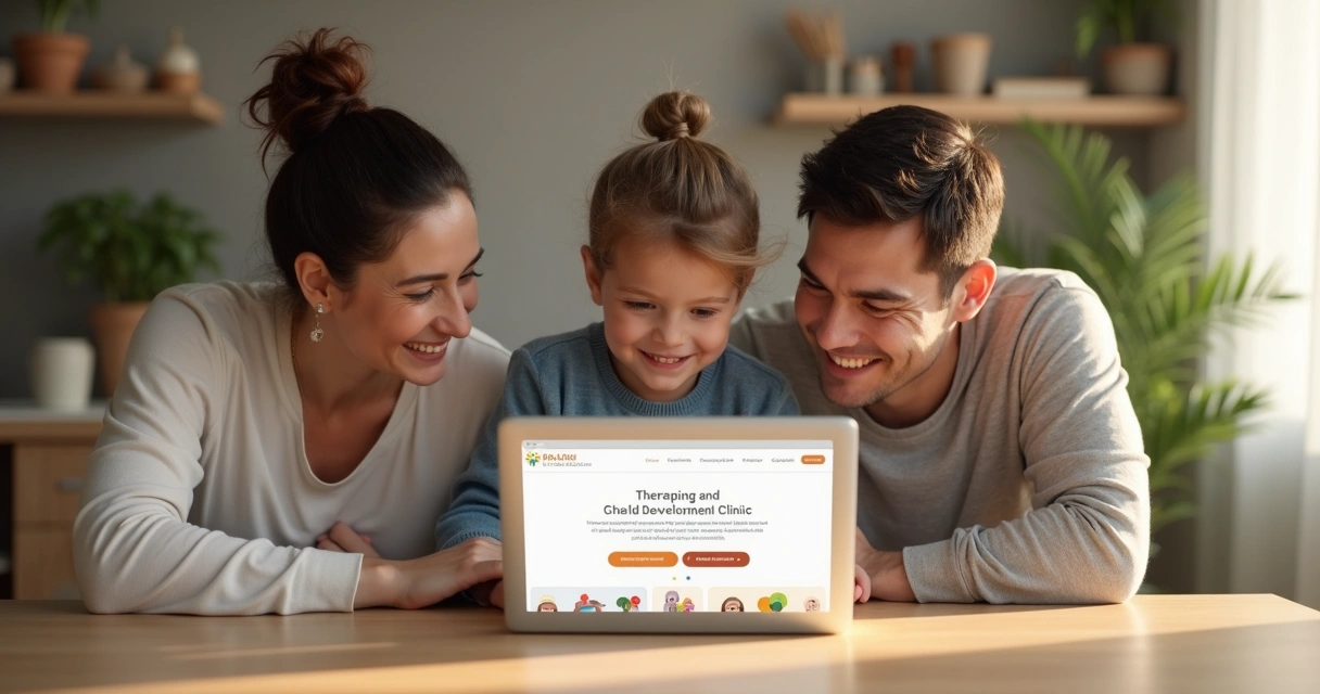 Pais e filho sentados juntos olhando tela de notebook com site de clínica de desenvolvimento infantil