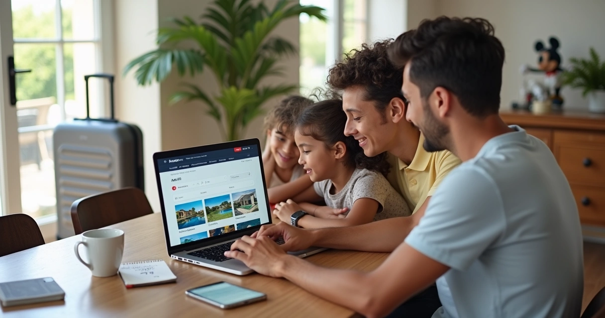 Família brasileira pesquisando casas de temporada em Orlando no notebook 