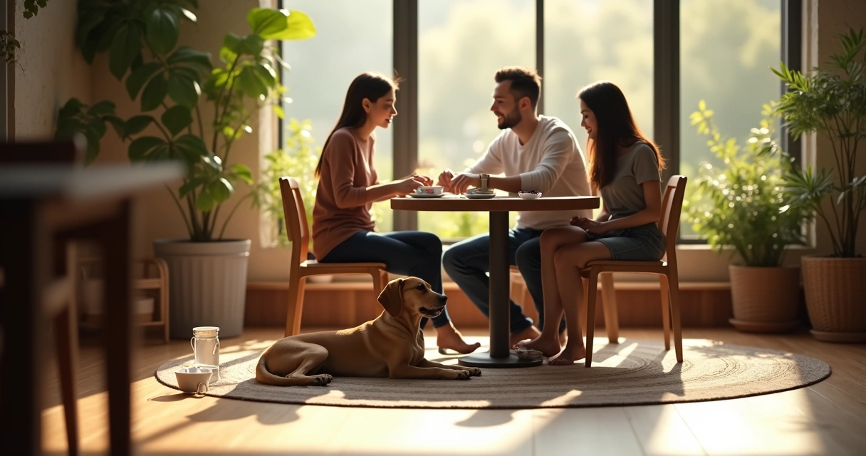 Família com cachorro deitado em espaço de restaurante pet friendly