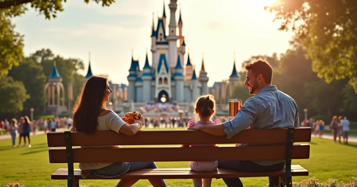 Família tomando café da manhã com vista do castelo da Disney 
