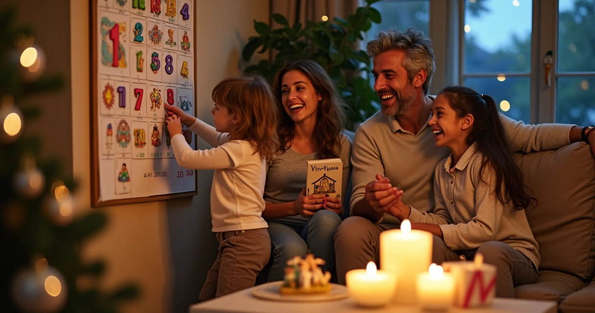 Família ao redor de um calendário de Advento decorado, com crianças animadas e velas acesas 