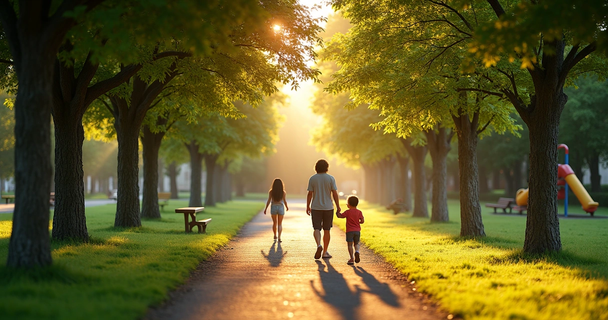 Família andando em parque arborizado ao entardecer em Paulínia 