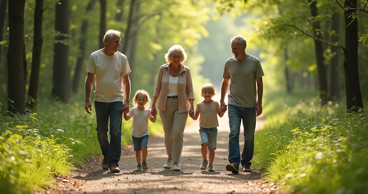 Família caminhando junta em trilha na natureza 